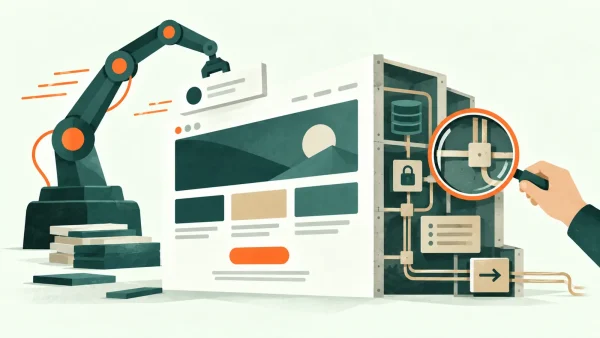 AI website builder speed with human oversight An automated arm rapidly assembles a website while a human inspects the security and data connections behind it.