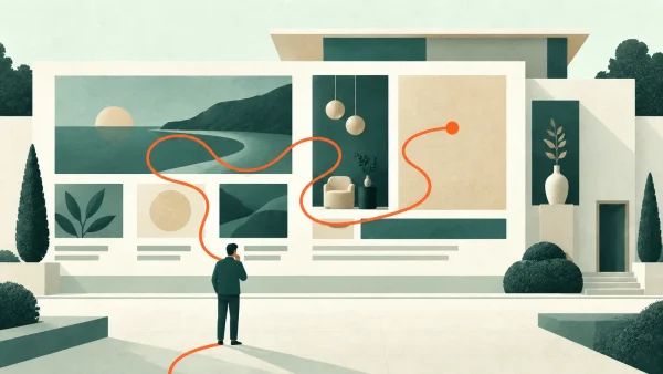 Beautiful homepage with an unclear enquiry path A visitor faces an elegant homepage while a winding orange route ends on a blank panel instead of the distant entrance.