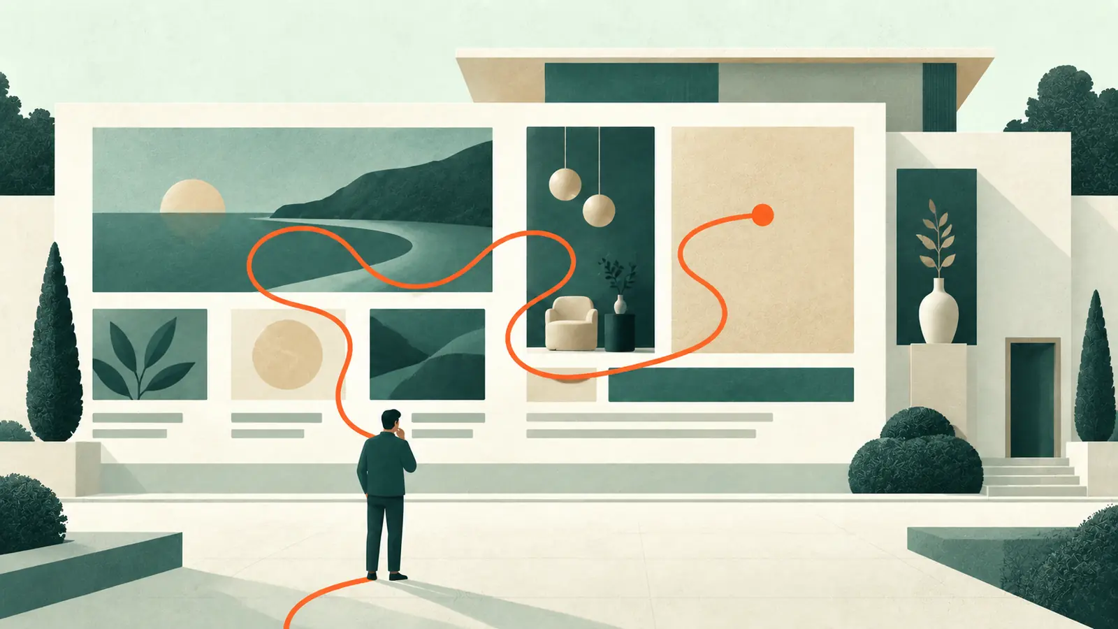 Beautiful homepage with an unclear enquiry path A visitor faces an elegant homepage while a winding orange route ends on a blank panel instead of the distant entrance.