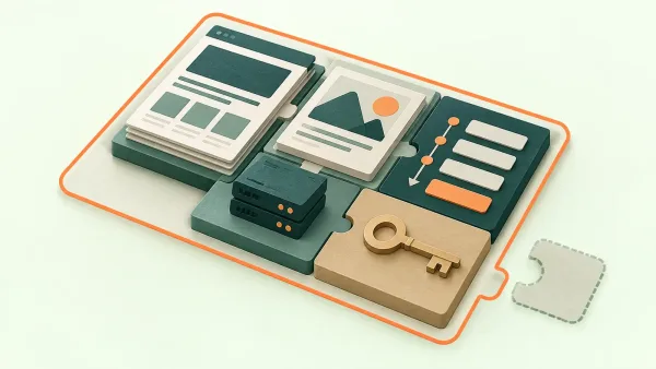 Professional website quotation scope Illustration of website pages, content, forms, hosting and a handover key fitting within a defined quotation scope, with one extra piece outside.