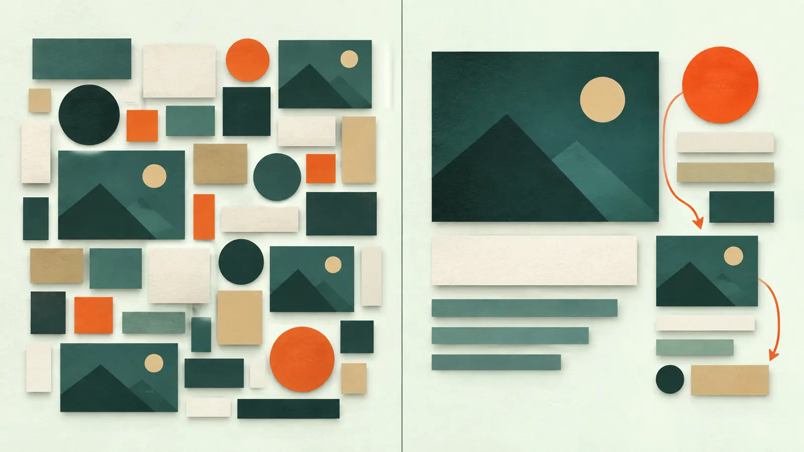 Visual hierarchy in web design Two abstract webpage compositions comparing equal visual noise with a clear order of attention