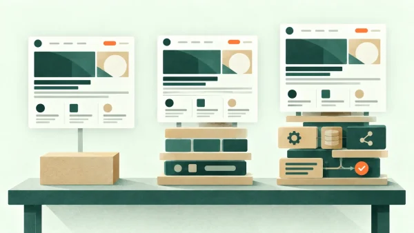 Website costs reflect scope beneath the surface Three similar website façades sit above increasingly complex foundations, from a simple block to connected business systems.