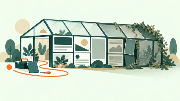 Website ongoing care versus neglect A website-shaped greenhouse is maintained on one side while the neglected side becomes loose, faded and overgrown.