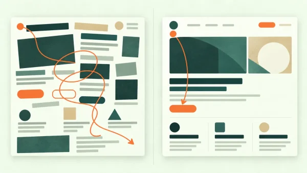 Website visual hierarchy: clear versus confused Two versions of the same webpage: one cluttered with a tangled route, the other ordered with a clear path to the main action.