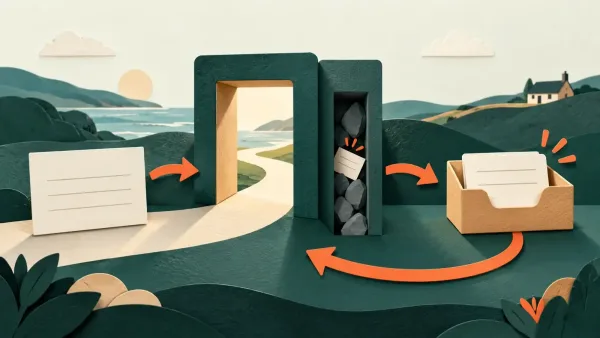 Contact form enquiry journey An enquiry card passes through a clear doorway towards an inbox while another is caught in a blocked channel.