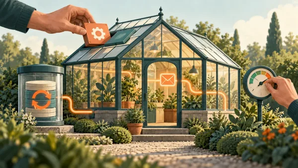 A cared-for greenhouse represents a WordPress website, with connected symbols for updates, backups, enquiry delivery and routine health checks.